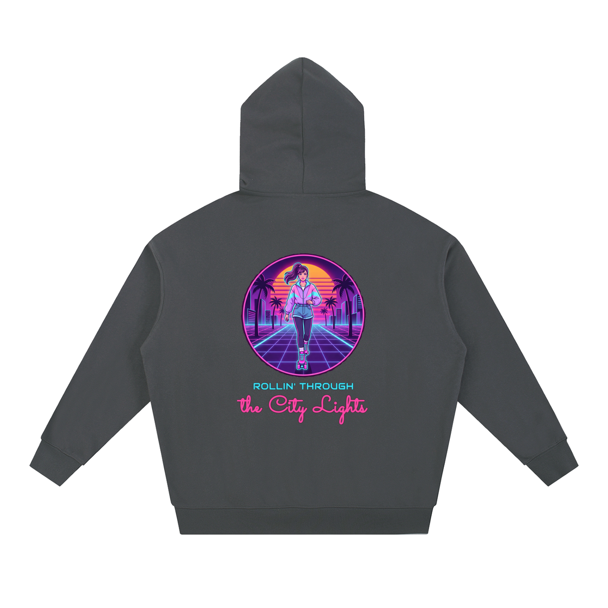 Rollin Through The City Lights Hoodie, 80s Synthwave Roller Skate Sweatshirt, Retro Skating Gift