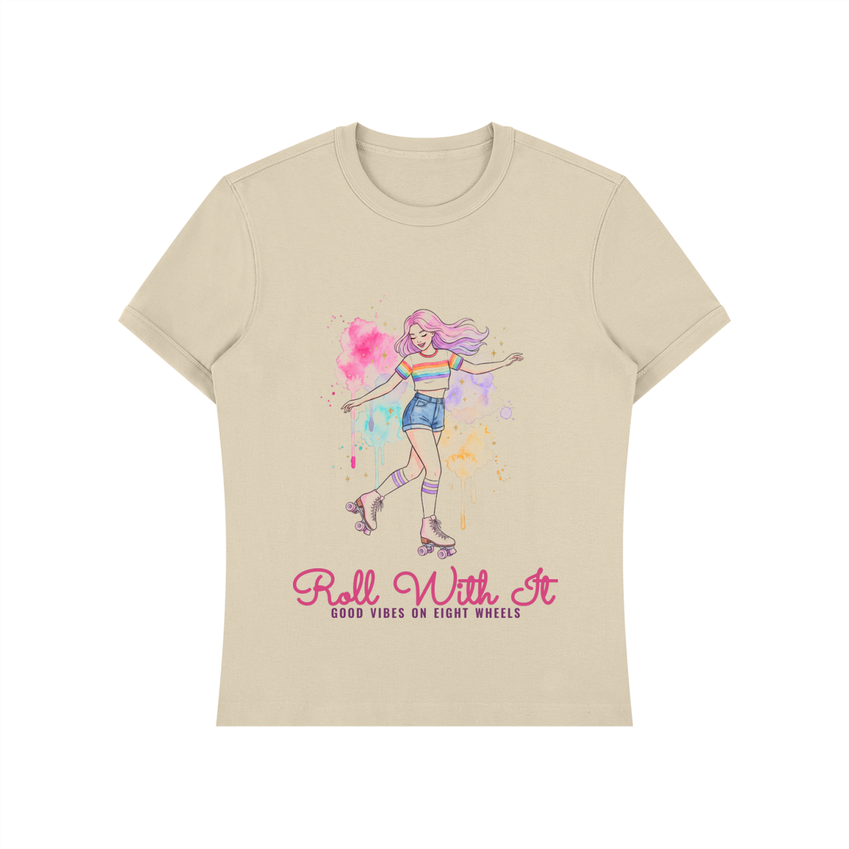 Roll With It Roller Skate Shirt, Watercolor Roller Girl Tee, Retro Skating Gift for Her