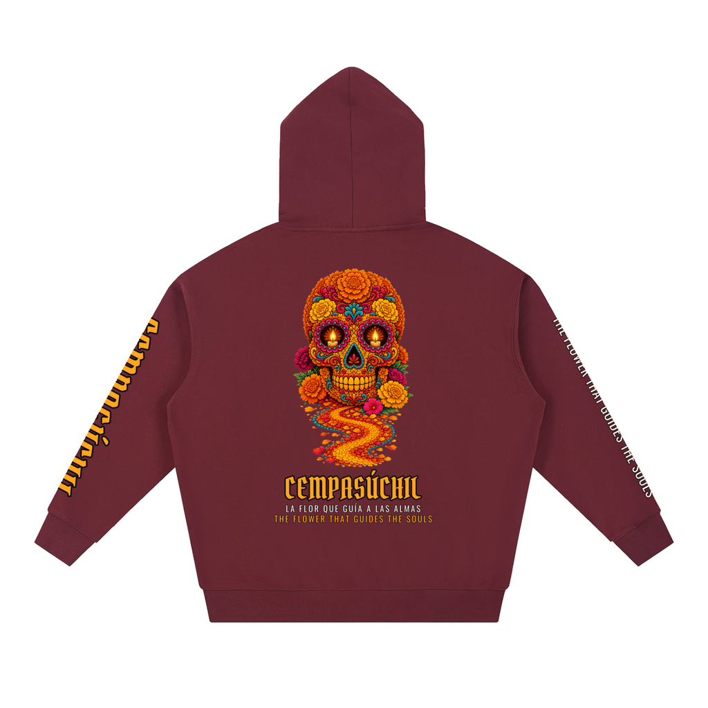 Cempasúchil Hoodie | Marigold Sugar Skull Día de los Muertos Graphic Hoodie, Back & Sleeve Print