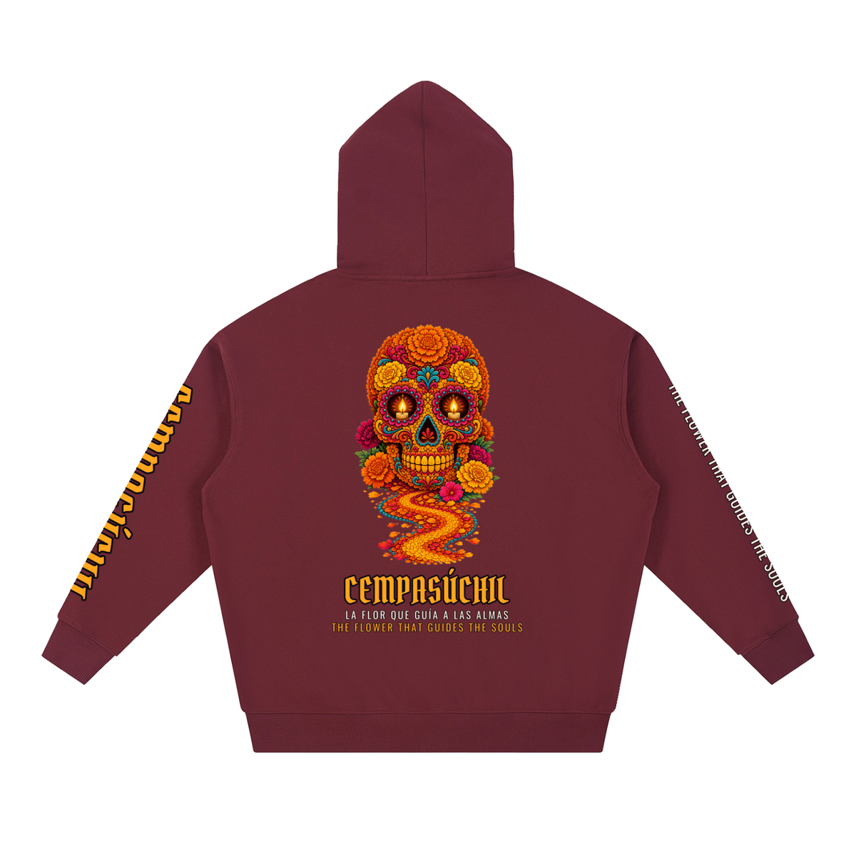 Cempasúchil Hoodie | Marigold Sugar Skull Día de los Muertos Graphic Hoodie, Back & Sleeve Print