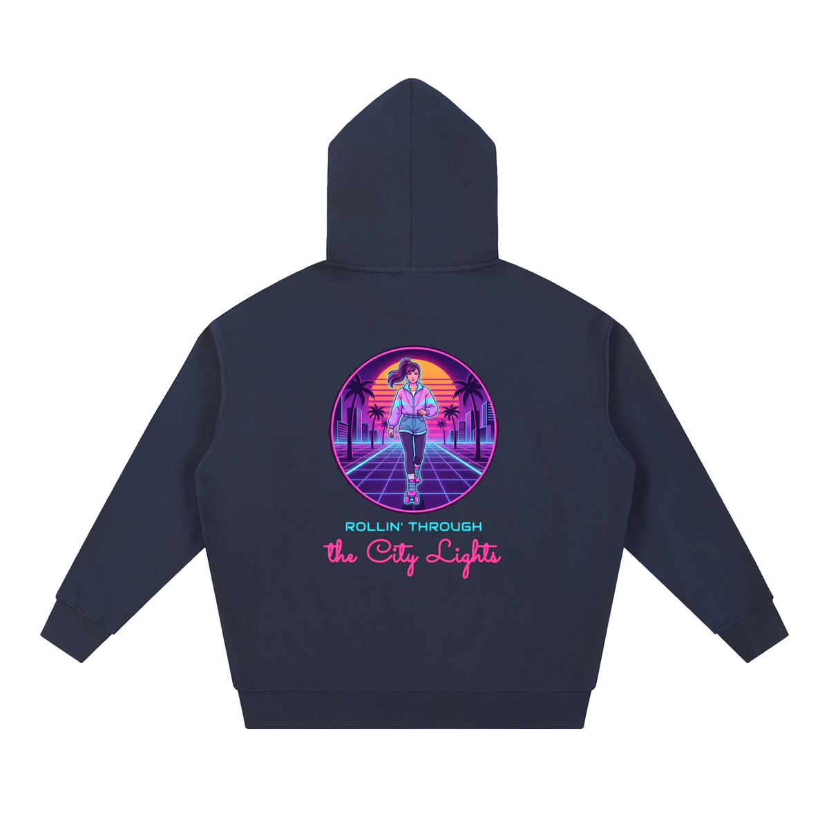 Rollin Through The City Lights Hoodie, 80s Synthwave Roller Skate Sweatshirt, Retro Skating Gift