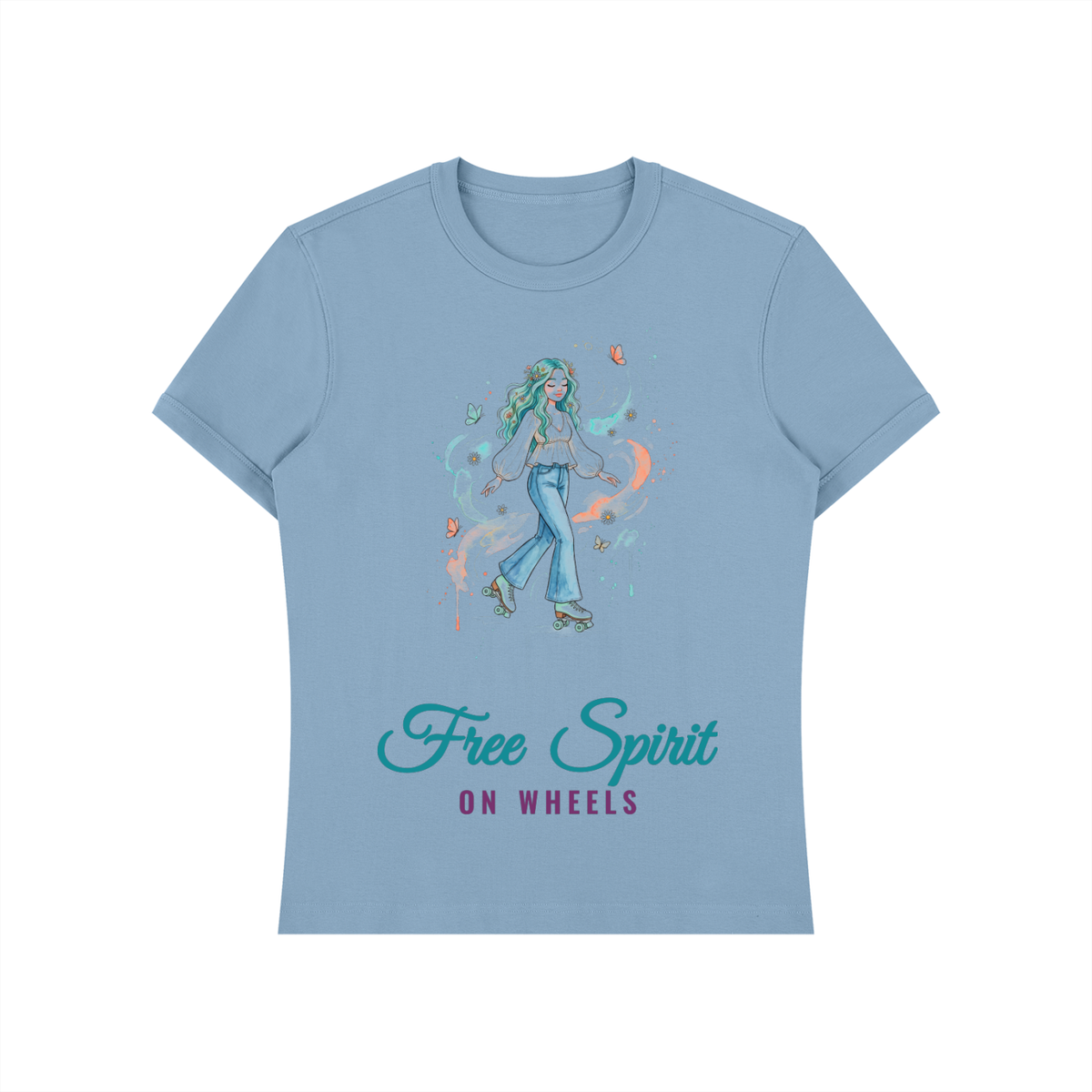 Free Spirit On Wheels Shirt, Boho Roller Skate Tee, Watercolor Roller Girl Gift