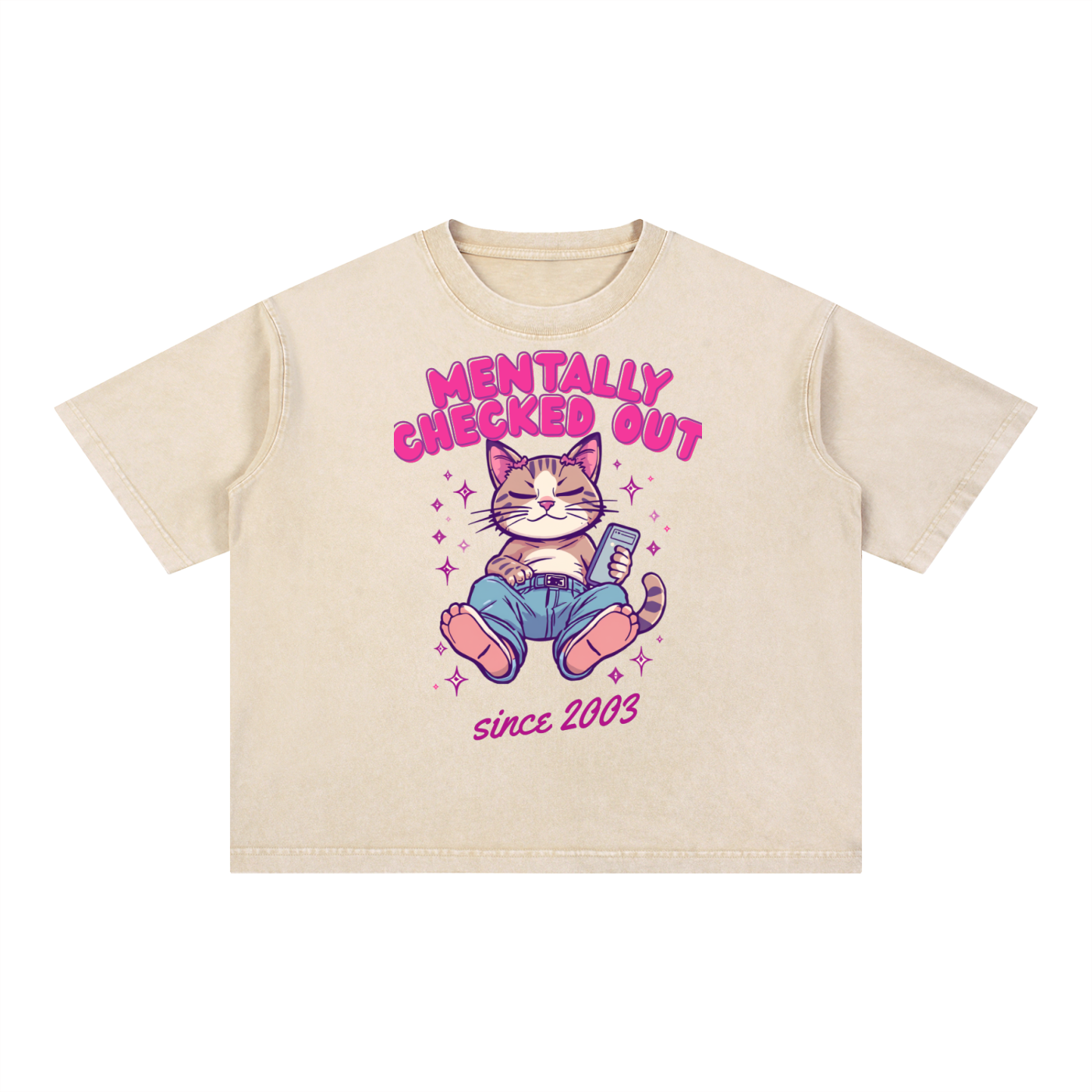 Mentally Checked Out | Funny Cat Boxy Washed T-Shirt
