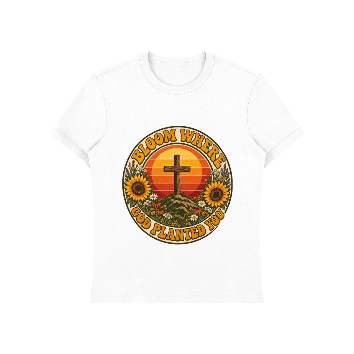 Bloom Where God Planted You Shirt | Retro Sunset Cross Tee, Sunflower Christian Faith Shirt Gift