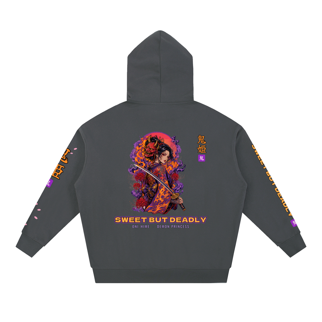 Oni-Hime Hoodie | Demon Princess Female Samurai Japanese Graphic Hoodie, Back & Sleeve Print