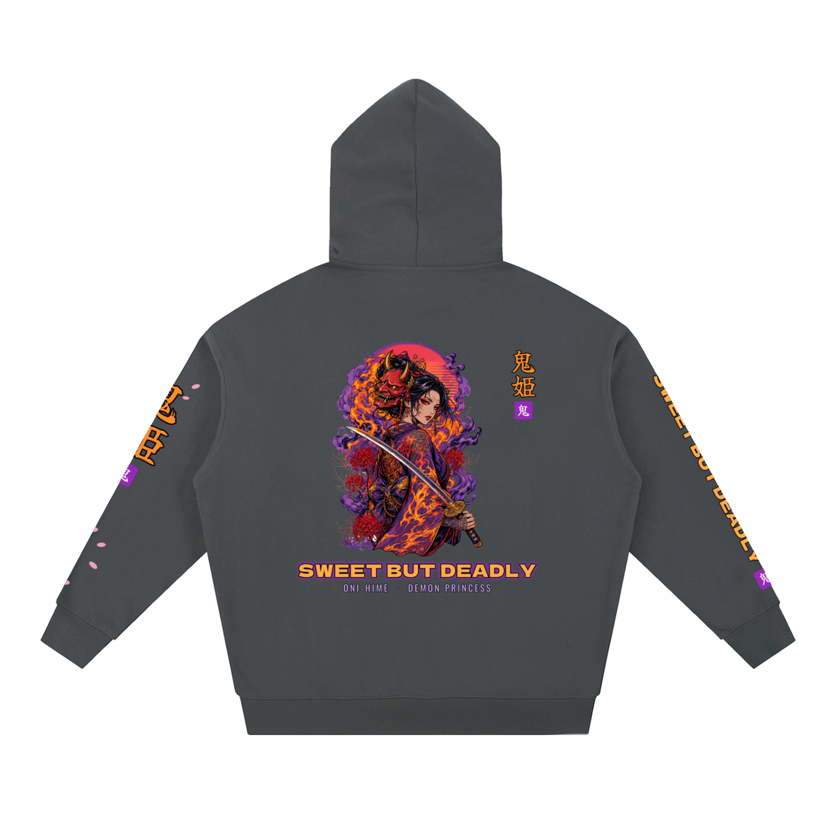 Oni-Hime Hoodie | Demon Princess Female Samurai Japanese Graphic Hoodie, Back & Sleeve Print