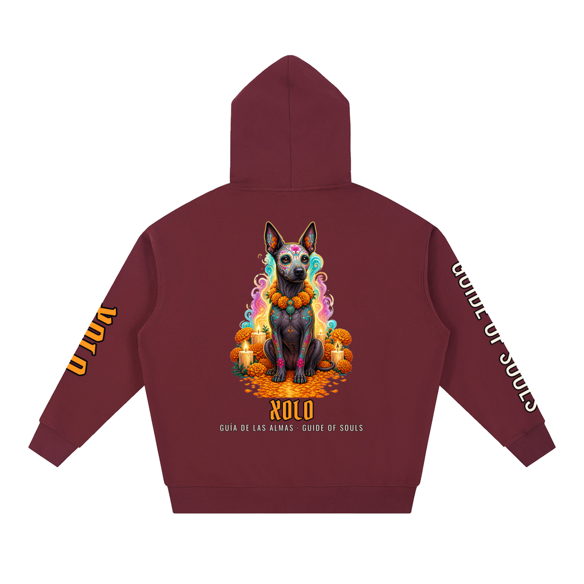 Xolo Hoodie | Xoloitzcuintle Spirit Dog Día de los Muertos Graphic Hoodie, Back & Sleeve Print