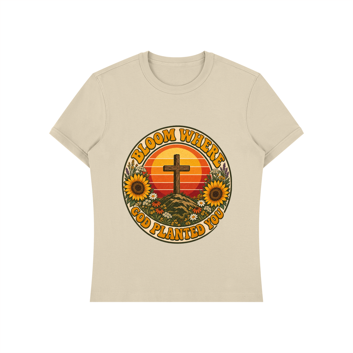 Bloom Where God Planted You Shirt | Retro Sunset Cross Tee, Sunflower Christian Faith Shirt Gift
