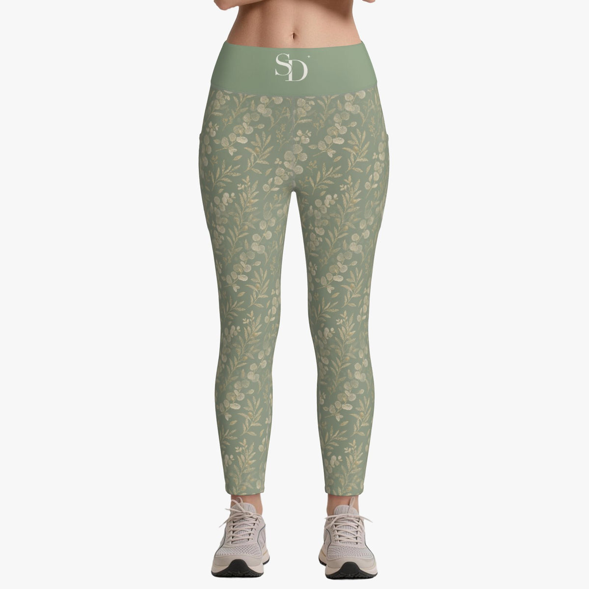 Eucalyptus Gold leggings, front view with SD waistband