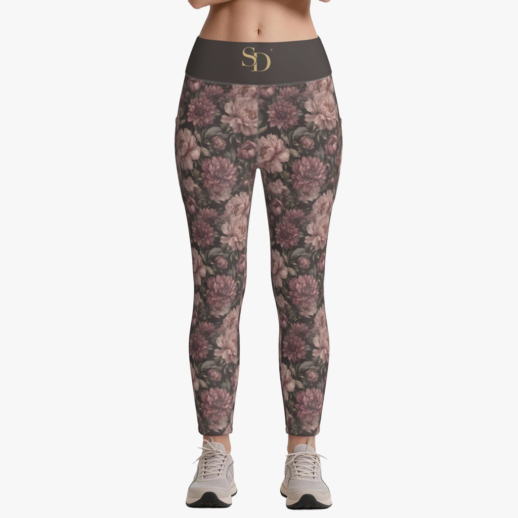 Midnight Peony leggings, front view with SD waistband