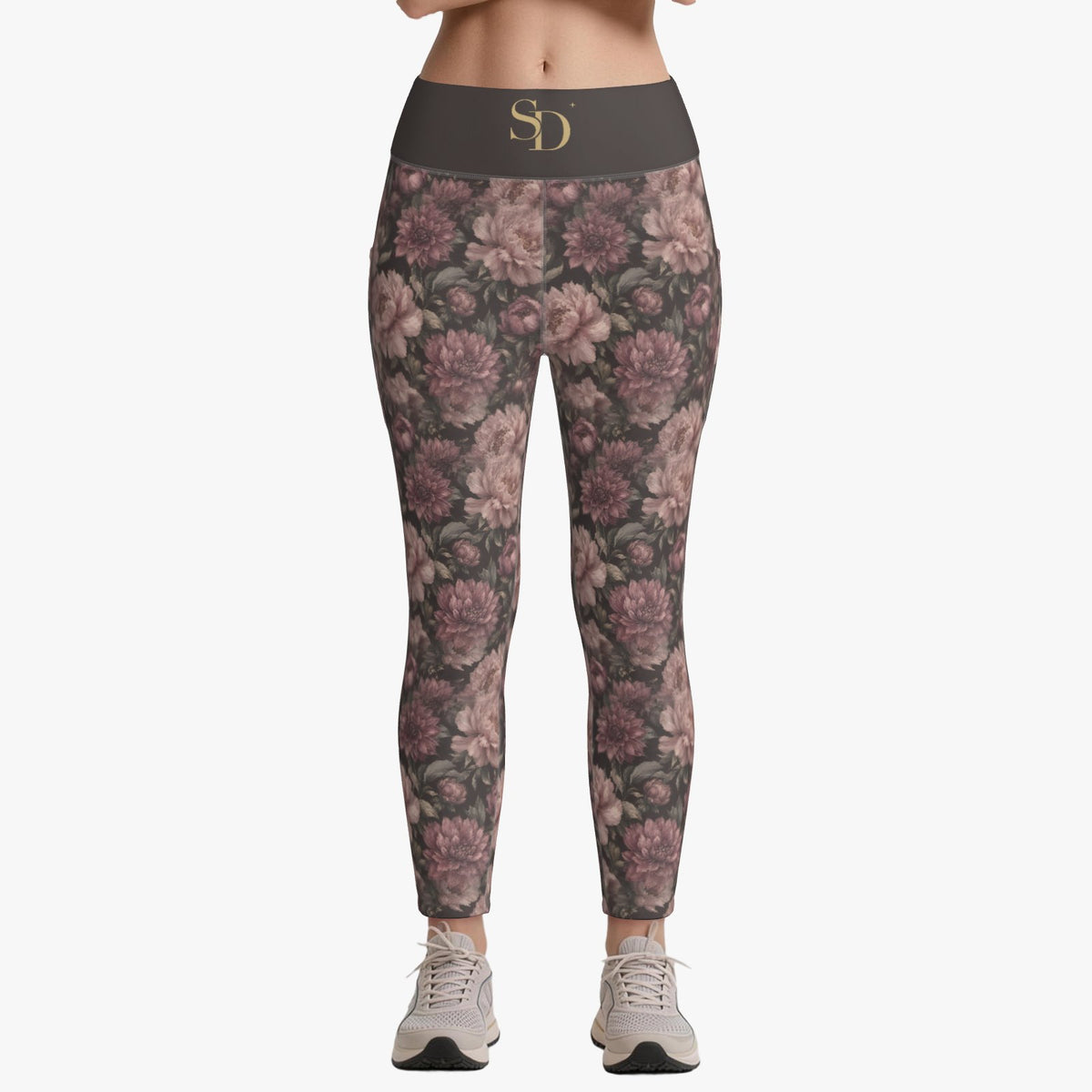Midnight Peony leggings, front view with SD waistband