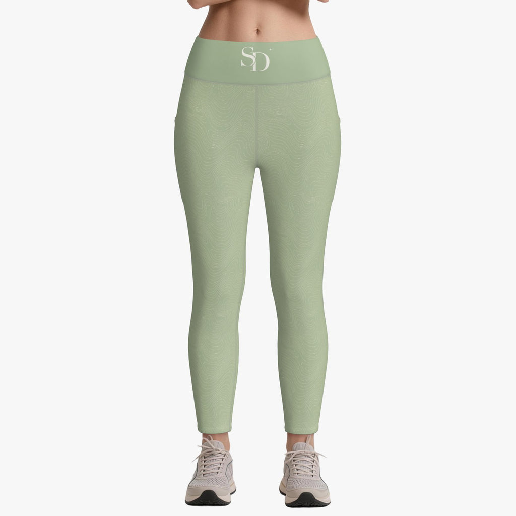 Breath Lines Sage leggings, front view with SD waistband