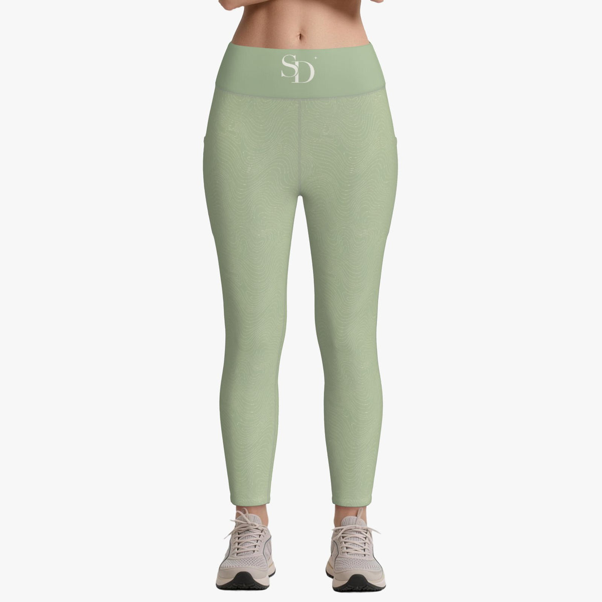 Breath Lines Sage leggings, front view with SD waistband