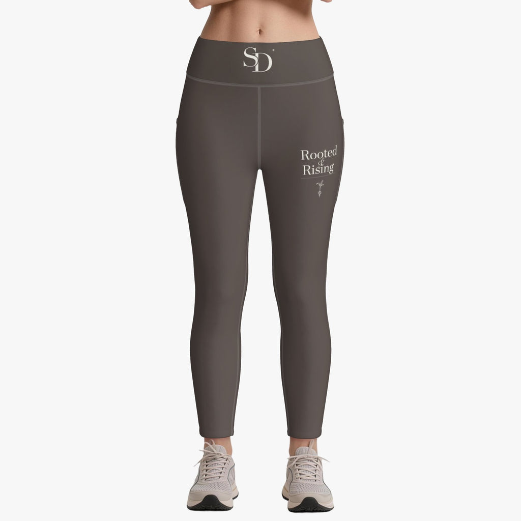 Rooted & Rising espresso leggings, front view with SD waistband