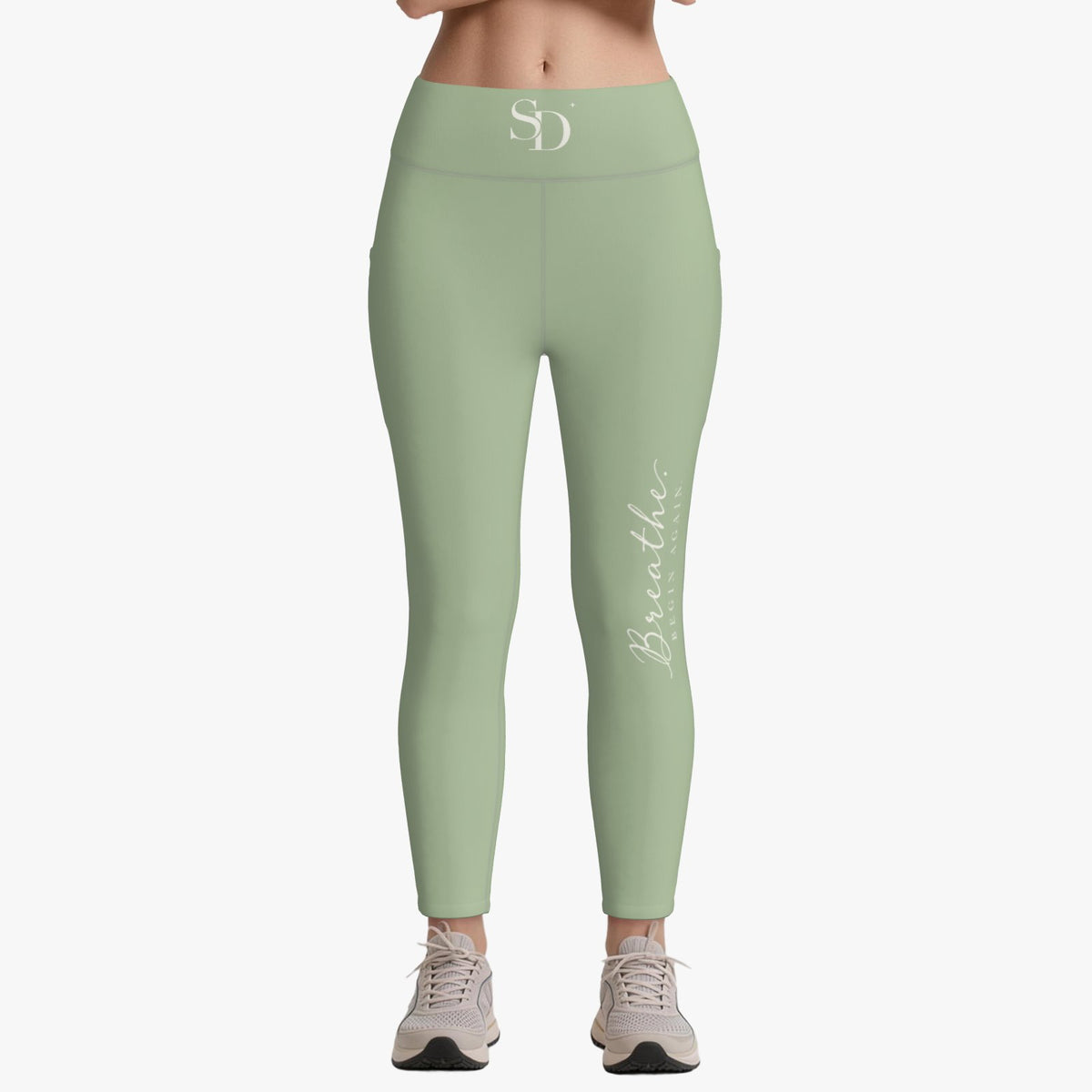Breathe. Begin Again. sage leggings, front view with SD waistband