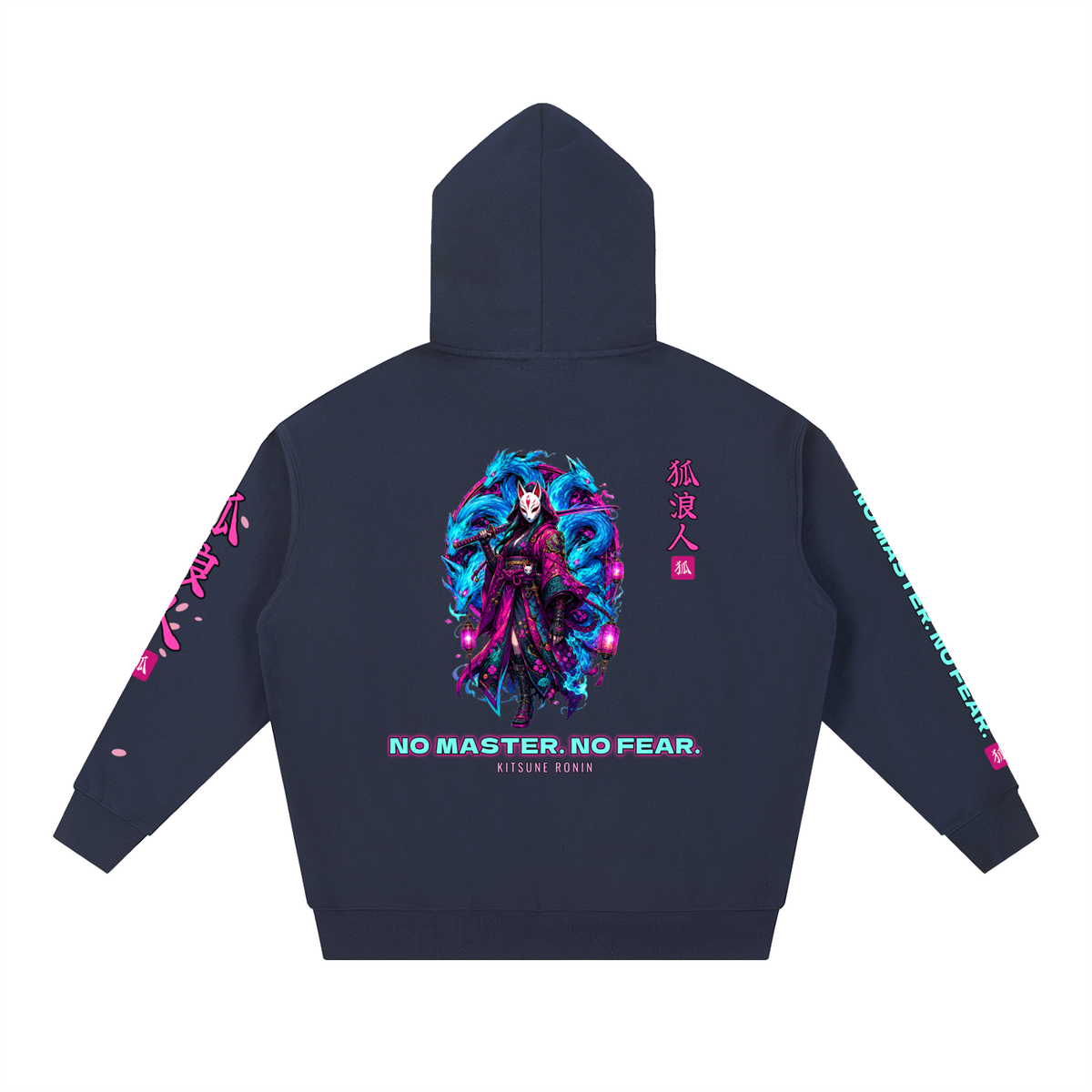Kitsune Ronin Hoodie | Fox Mask Female Samurai Japanese Graphic Hoodie, Back & Sleeve Print