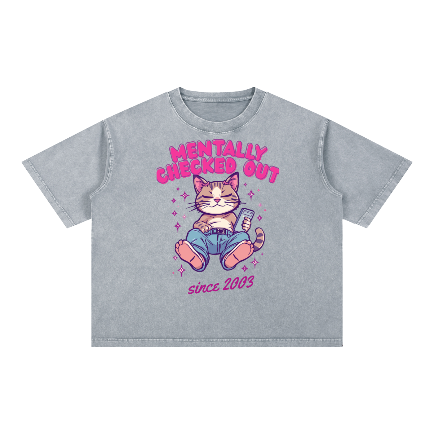 Mentally Checked Out | Funny Cat Boxy Washed T-Shirt