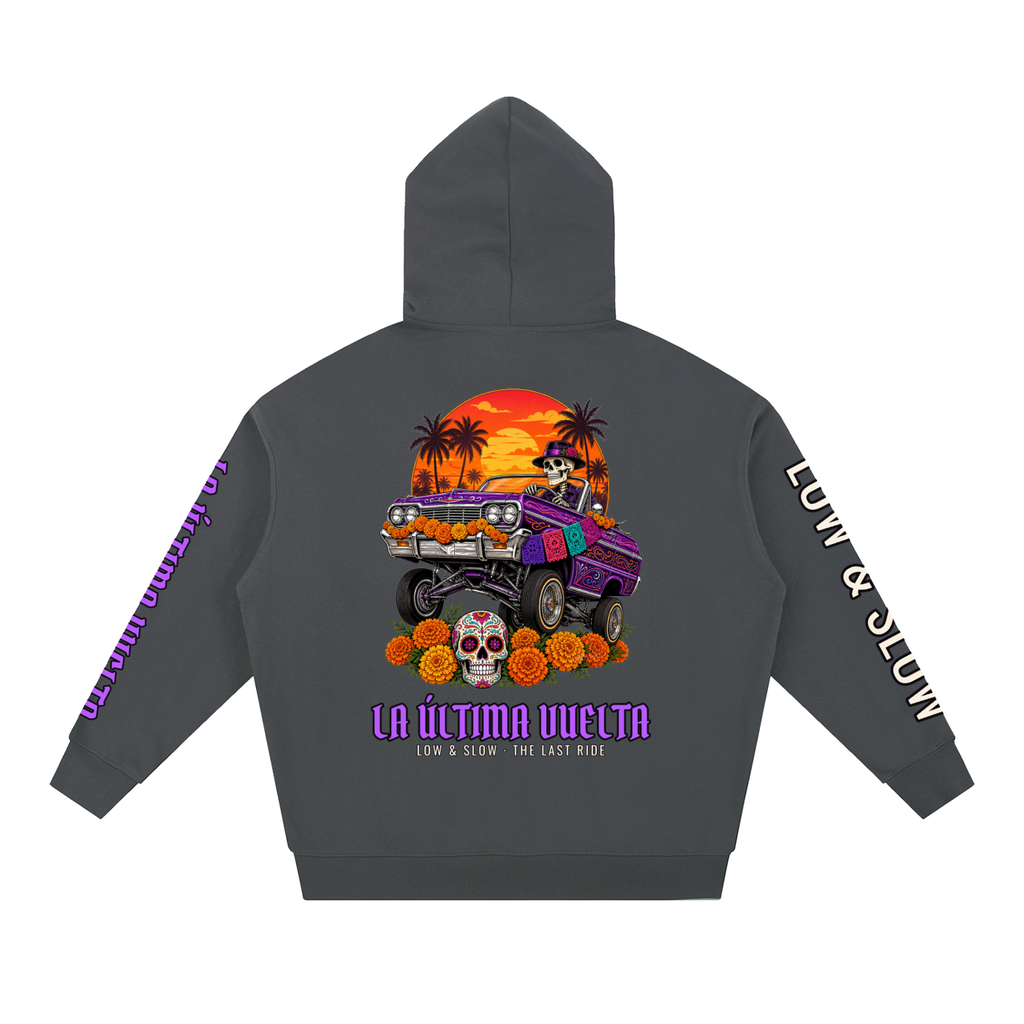 La Última Vuelta Hoodie | Lowrider Calaca Día de los Muertos Graphic Hoodie, Back & Sleeve Print
