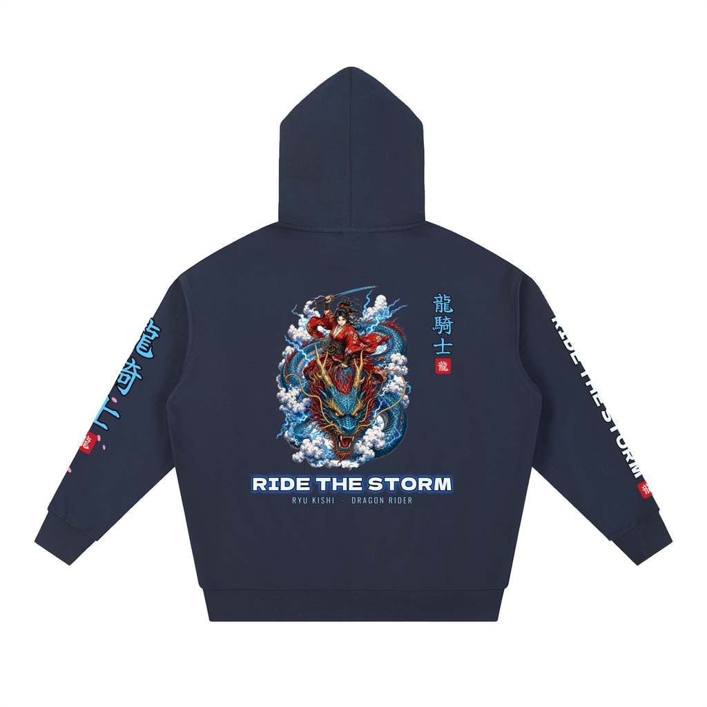 Dragon Rider Hoodie | Female Samurai Japanese Dragon Graphic Hoodie, Back & Sleeve Print