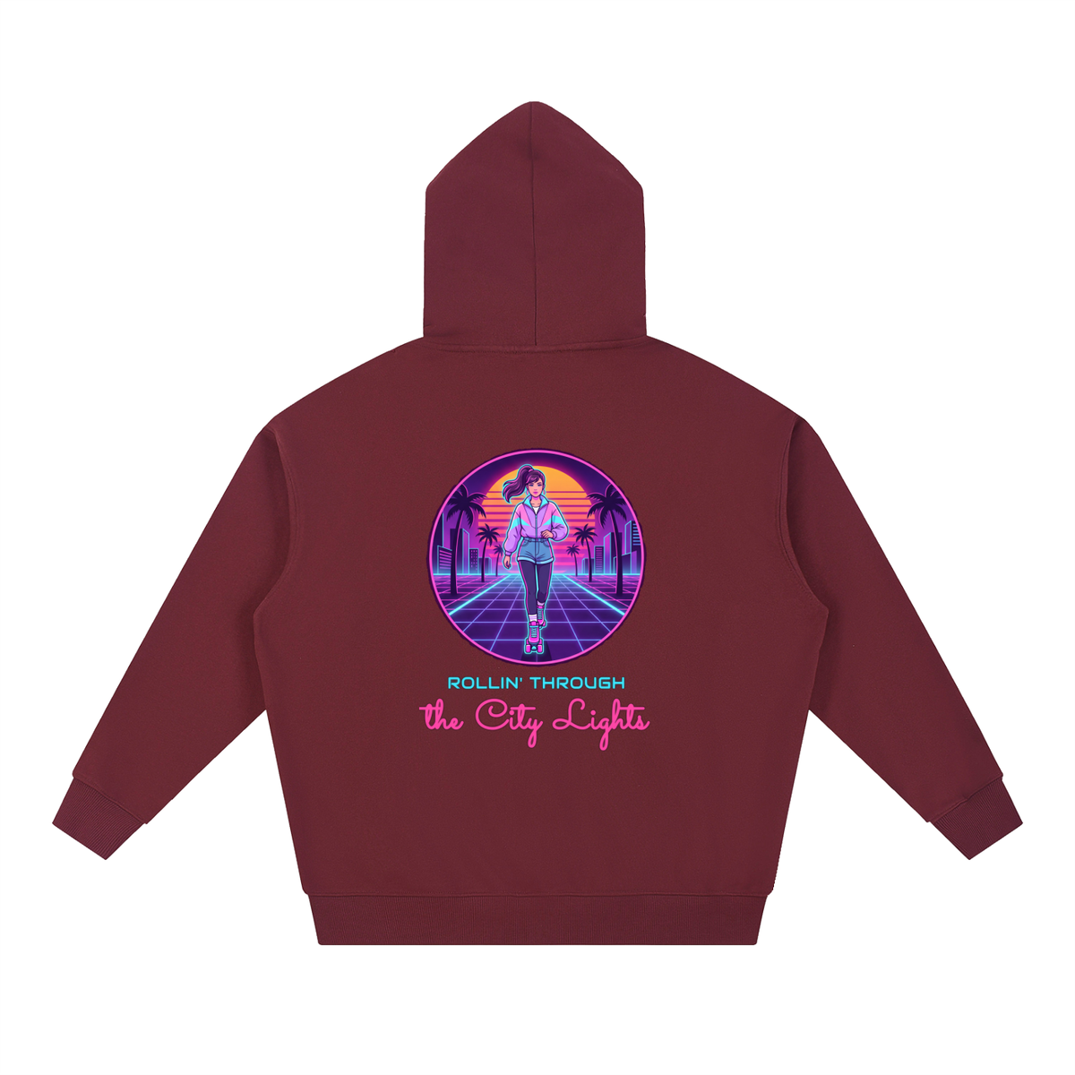 Rollin Through The City Lights Hoodie, 80s Synthwave Roller Skate Sweatshirt, Retro Skating Gift