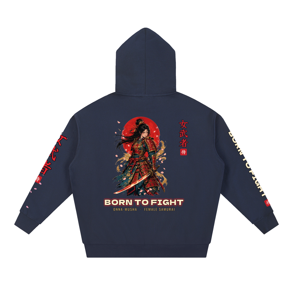 Onna-Musha Hoodie | Female Samurai Japanese Kanji Graphic Hoodie, Back & Sleeve Print