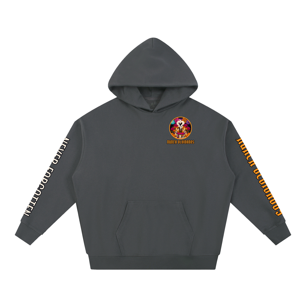 Nunca Olvidados Hoodie | Ofrenda Altar Día de los Muertos Graphic Hoodie, Back & Sleeve Print