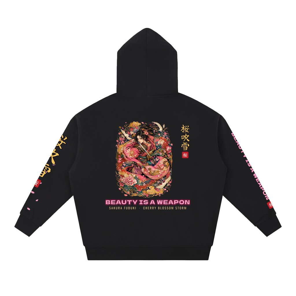 Sakura Storm Hoodie | Cherry Blossom Female Samurai Japanese Graphic Hoodie, Back & Sleeve Print