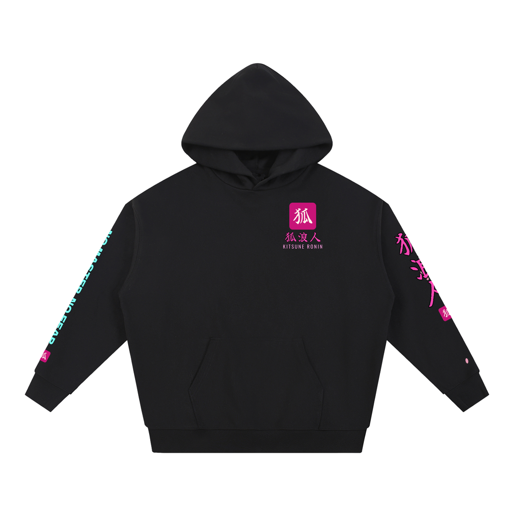 Kitsune Ronin Hoodie | Fox Mask Female Samurai Japanese Graphic Hoodie, Back & Sleeve Print