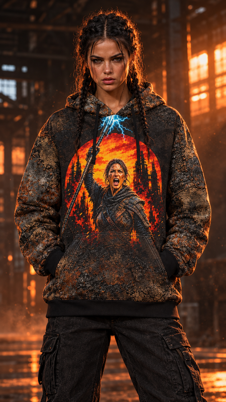 Wasteland Warrior All-Over Print Hoodie | Post-Apocalyptic Sci-Fi Premium 280GSM Hoodie