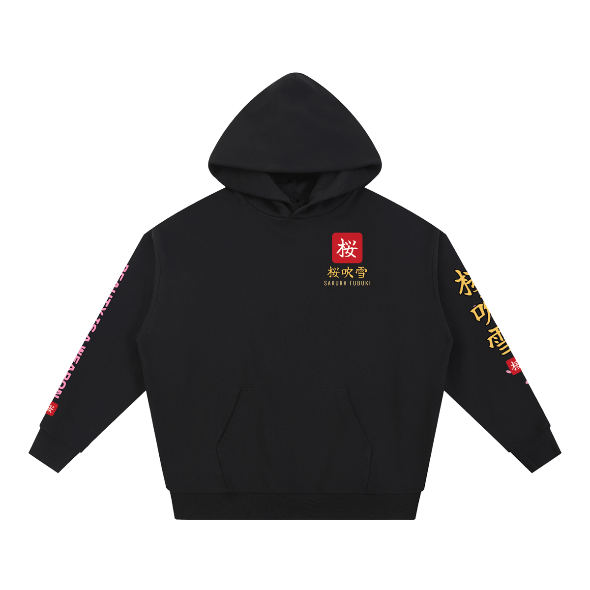 Sakura Storm Hoodie | Cherry Blossom Female Samurai Japanese Graphic Hoodie, Back & Sleeve Print
