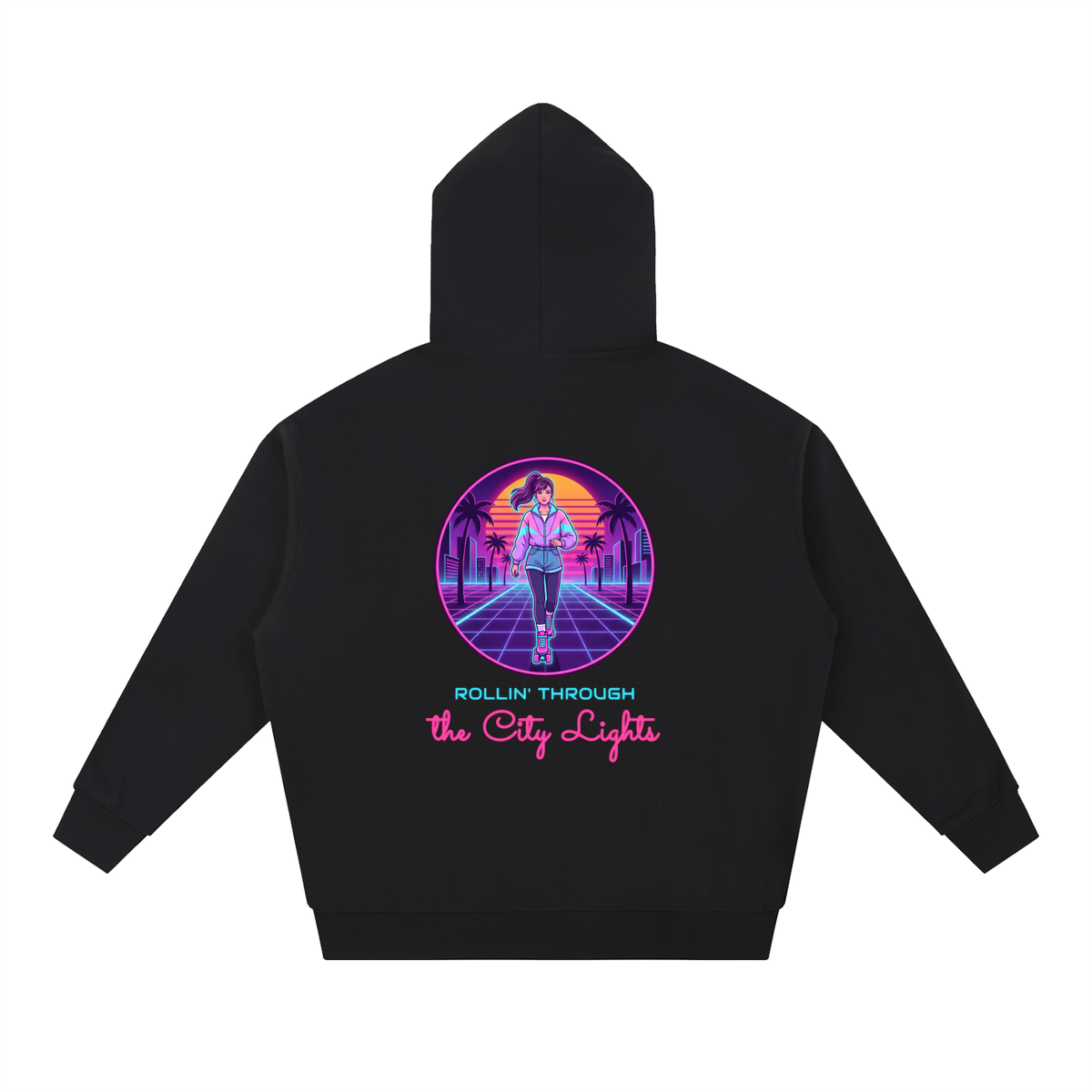 Rollin Through The City Lights Hoodie, 80s Synthwave Roller Skate Sweatshirt, Retro Skating Gift