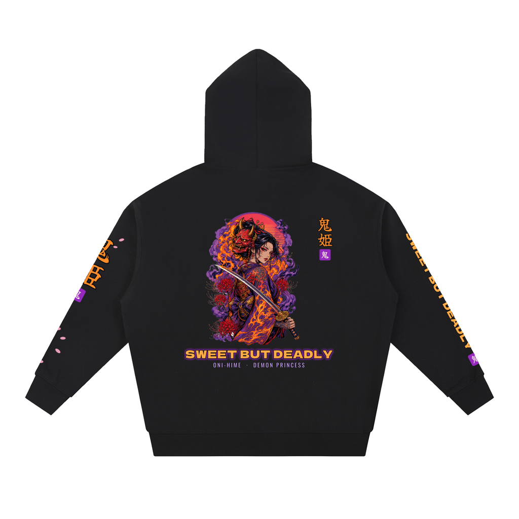 Oni-Hime Hoodie | Demon Princess Female Samurai Japanese Graphic Hoodie, Back & Sleeve Print