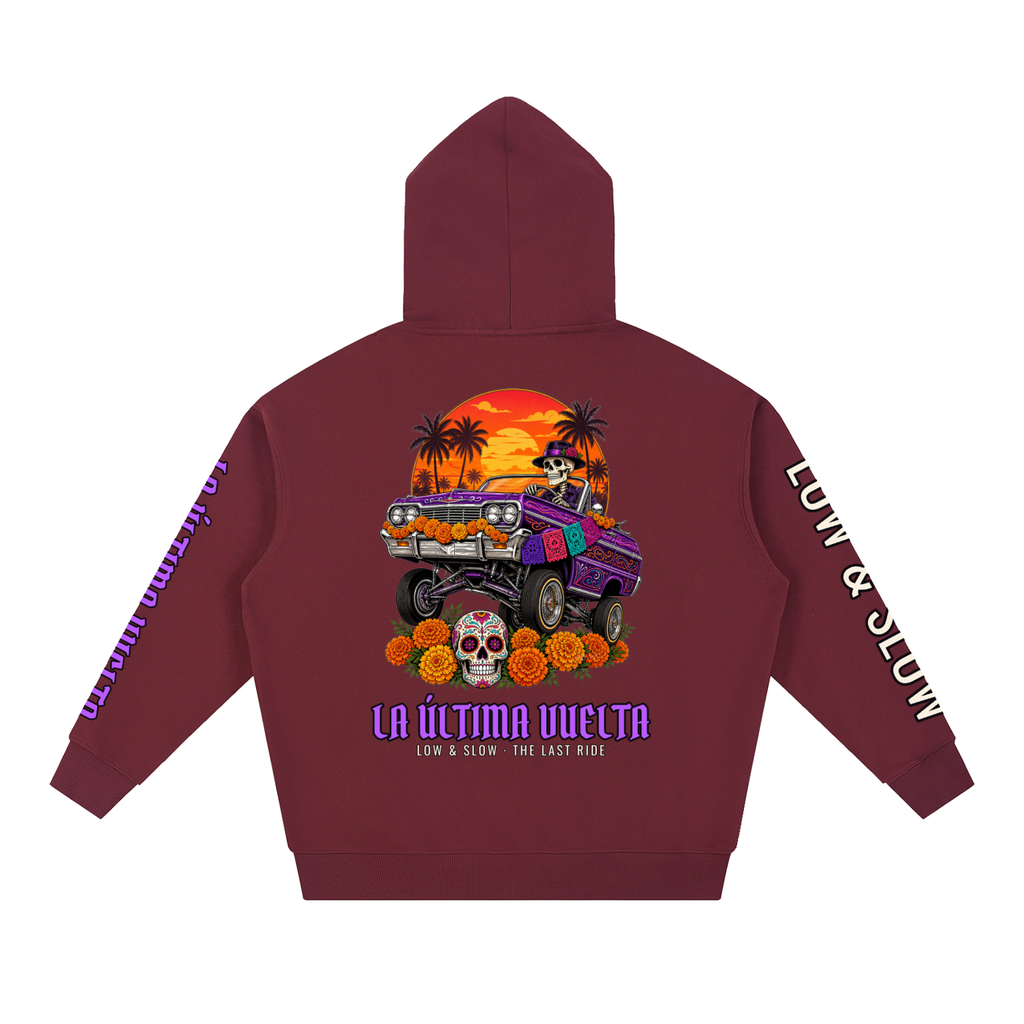 La Última Vuelta Hoodie | Lowrider Calaca Día de los Muertos Graphic Hoodie, Back & Sleeve Print