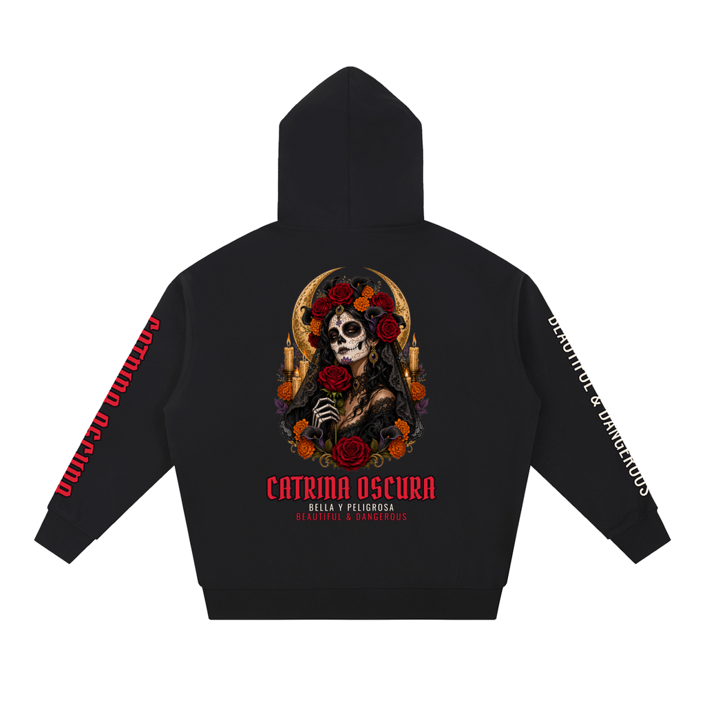 Catrina Oscura Hoodie | Gothic Dark Catrina Día de los Muertos Graphic Hoodie, Back & Sleeve Print