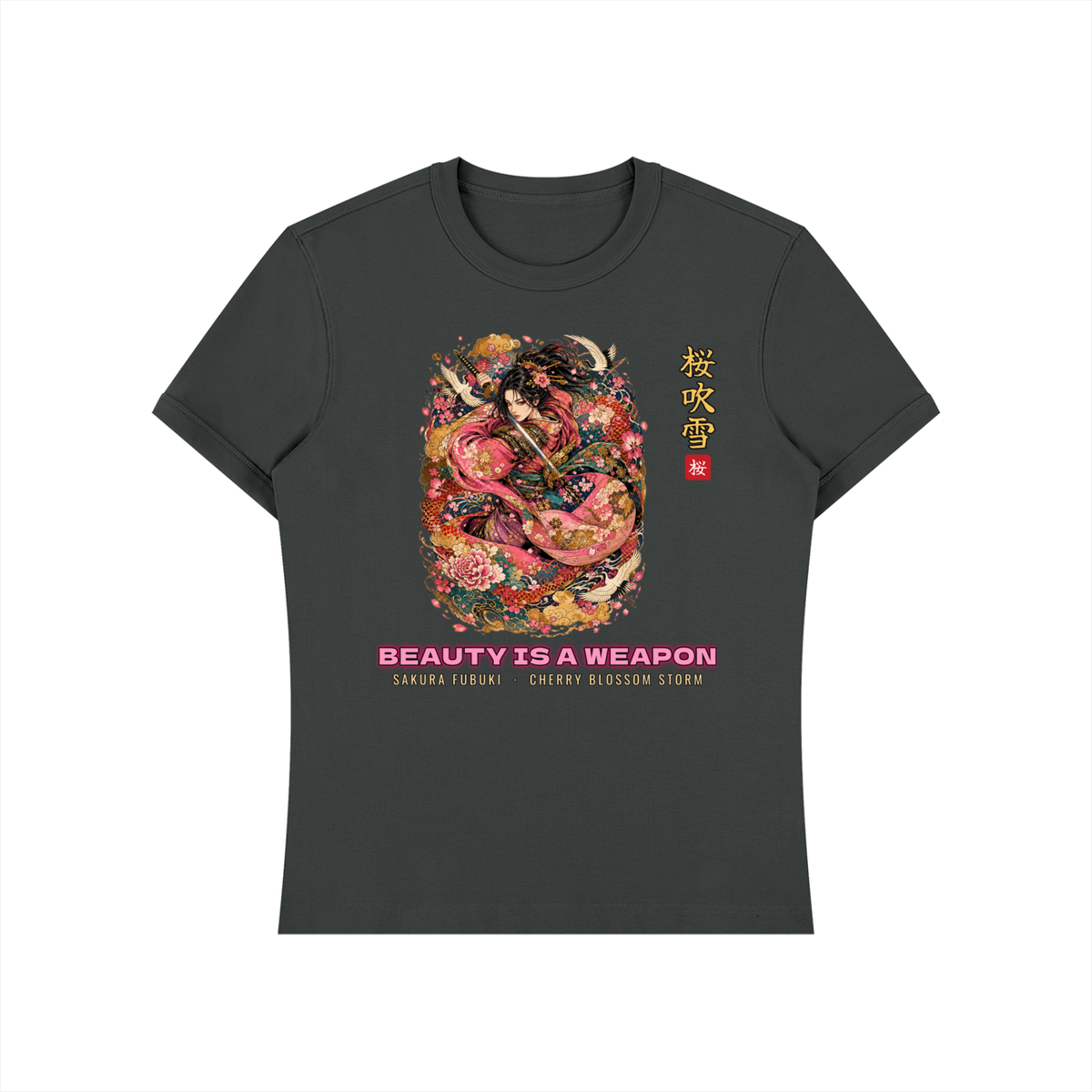 Sakura Storm T-Shirt | Cherry Blossom Female Samurai Japanese Graphic Tee