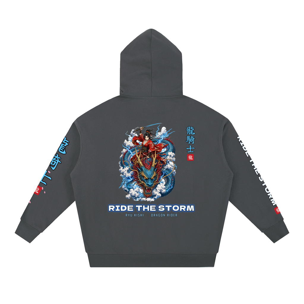 Dragon Rider Hoodie | Female Samurai Japanese Dragon Graphic Hoodie, Back & Sleeve Print