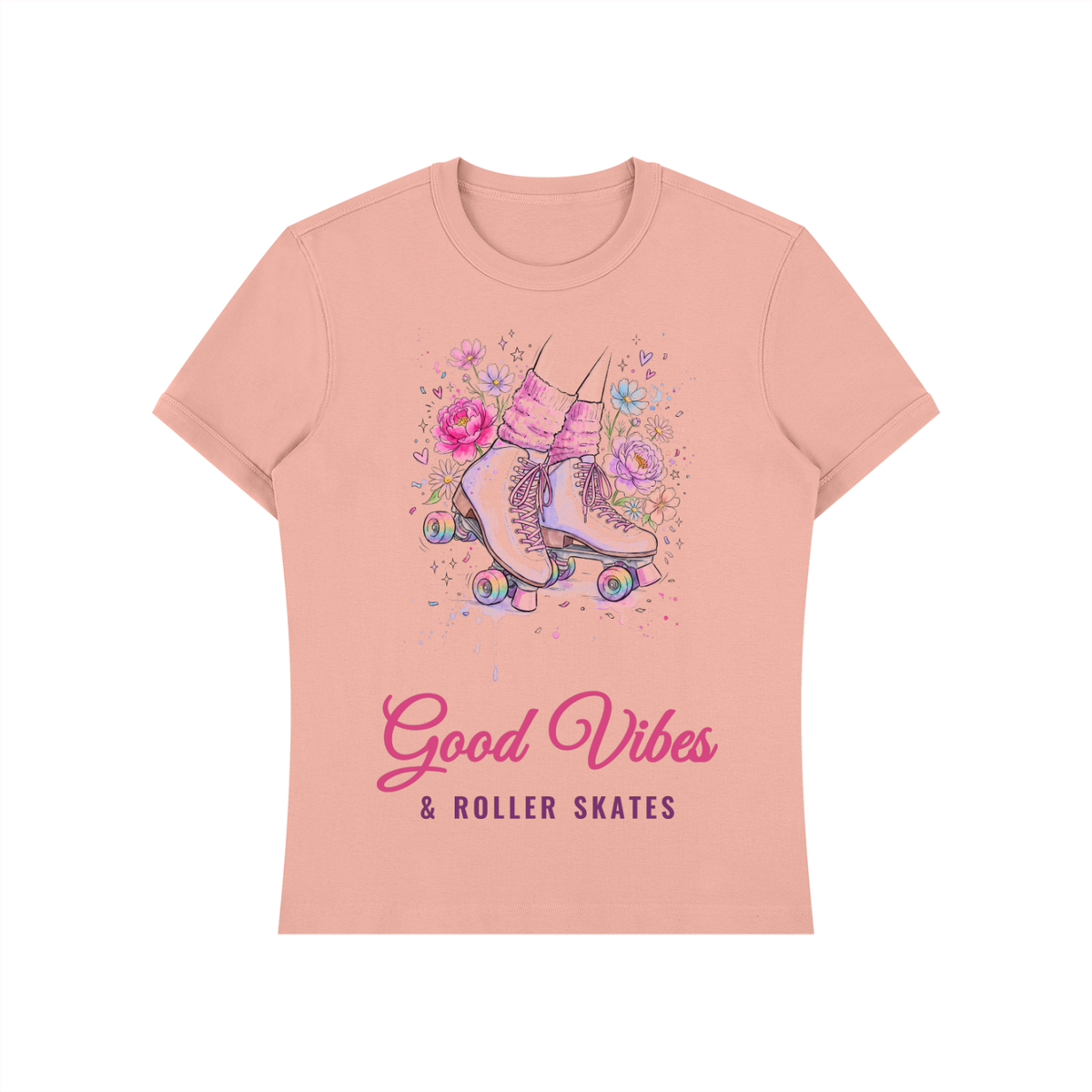 Good Vibes and Roller Skates Shirt, Floral Roller Skate Tee, Cute Skating Gift for Her