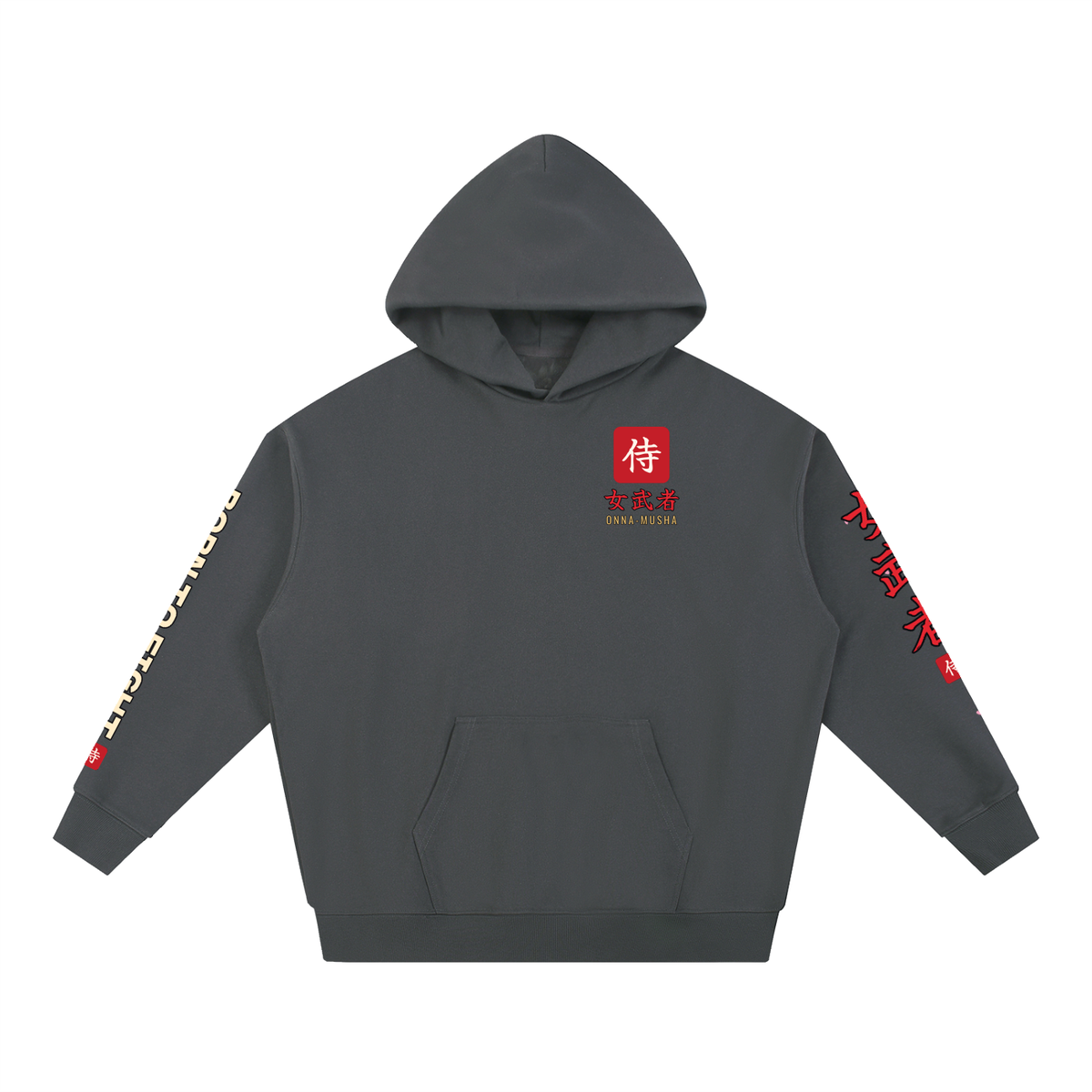 Onna-Musha Hoodie | Female Samurai Japanese Kanji Graphic Hoodie, Back & Sleeve Print