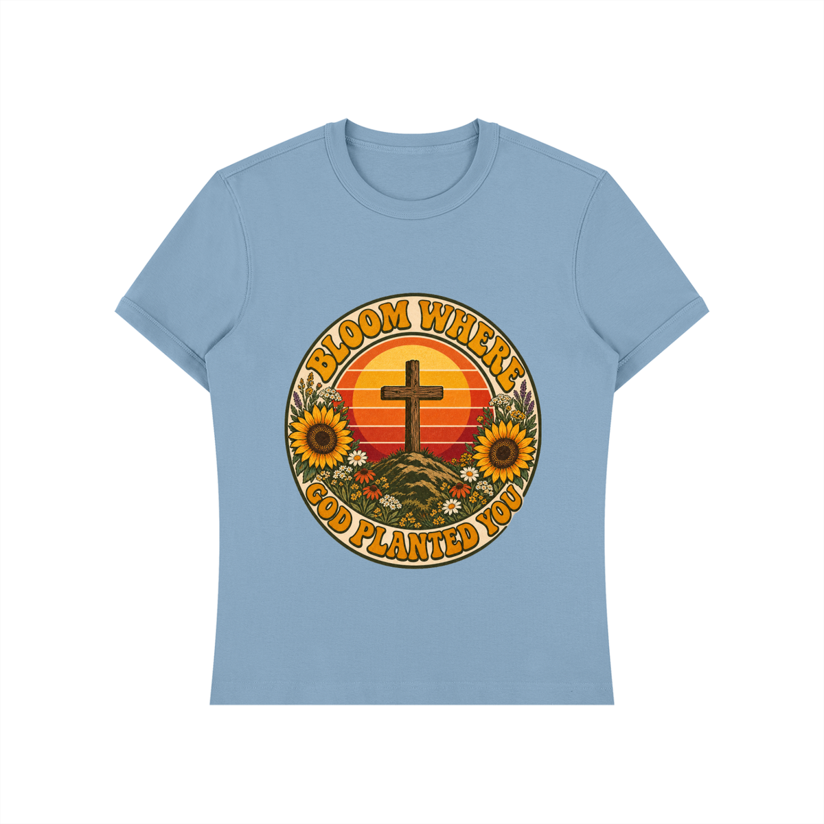 Bloom Where God Planted You Shirt | Retro Sunset Cross Tee, Sunflower Christian Faith Shirt Gift
