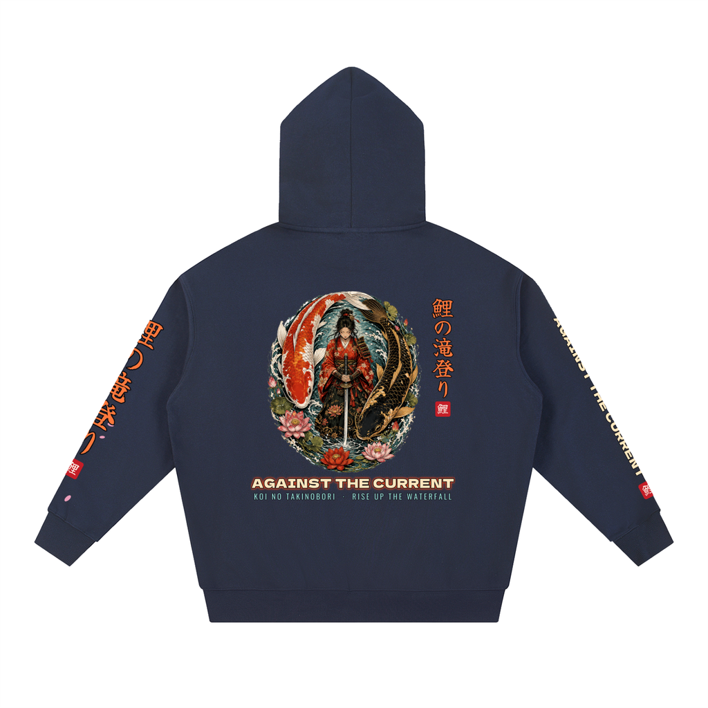 Koi Samurai Hoodie | Against The Current Yin Yang Koi Japanese Graphic Hoodie, Back & Sleeve Print