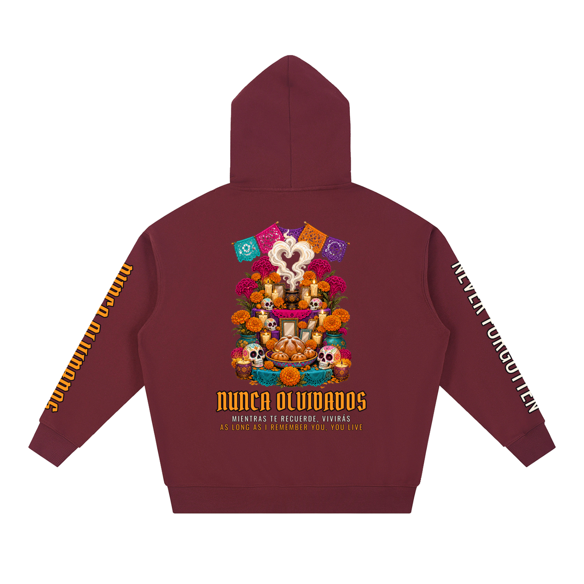 Nunca Olvidados Hoodie | Ofrenda Altar Día de los Muertos Graphic Hoodie, Back & Sleeve Print