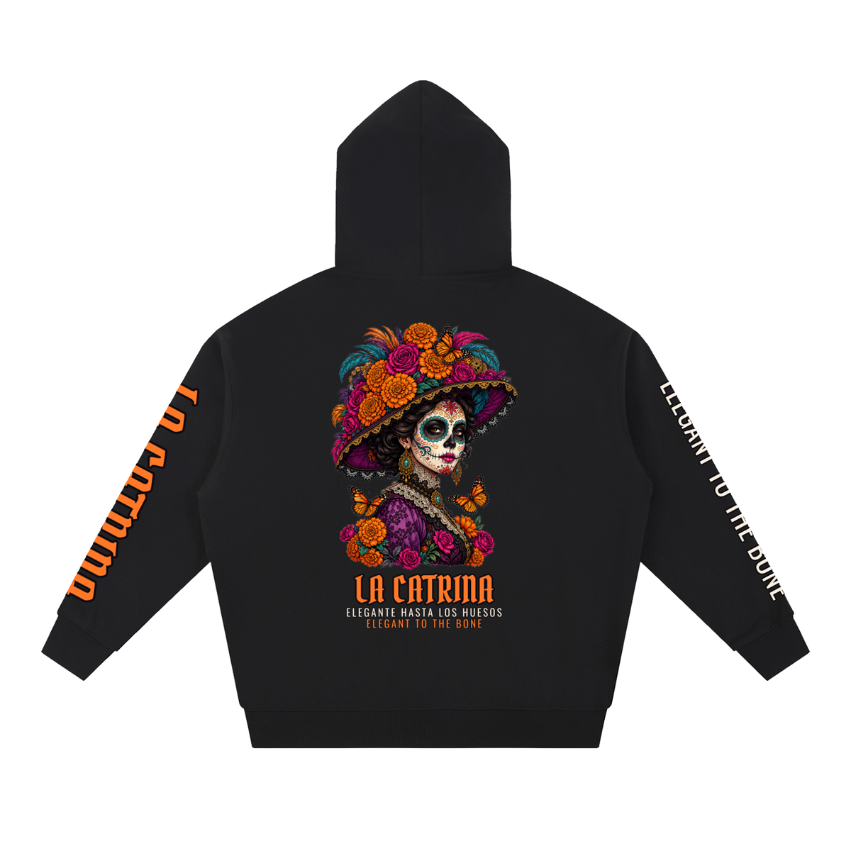 La Catrina Hoodie | Sugar Skull Catrina Día de los Muertos Graphic Hoodie, Back & Sleeve Print