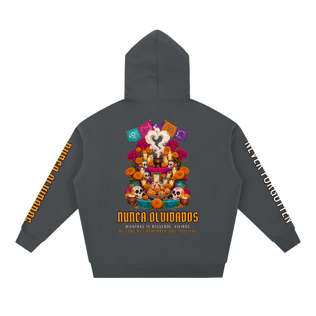 Nunca Olvidados Hoodie | Ofrenda Altar Día de los Muertos Graphic Hoodie, Back & Sleeve Print