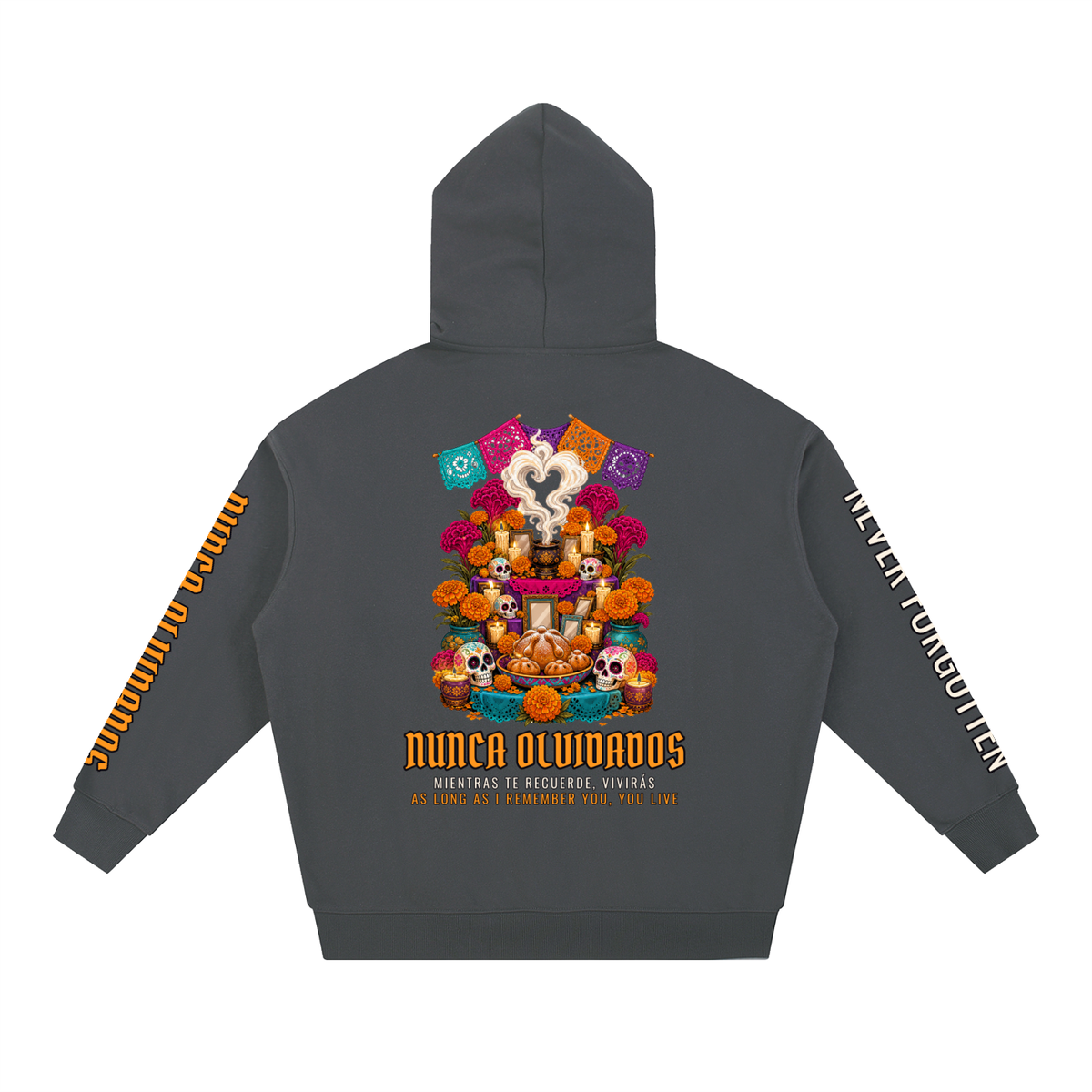 Nunca Olvidados Hoodie | Ofrenda Altar Día de los Muertos Graphic Hoodie, Back & Sleeve Print