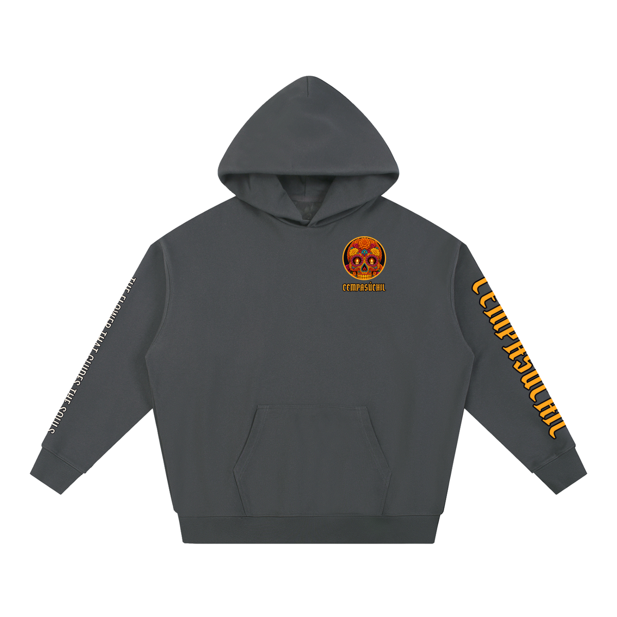 Cempasúchil Hoodie | Marigold Sugar Skull Día de los Muertos Graphic Hoodie, Back & Sleeve Print