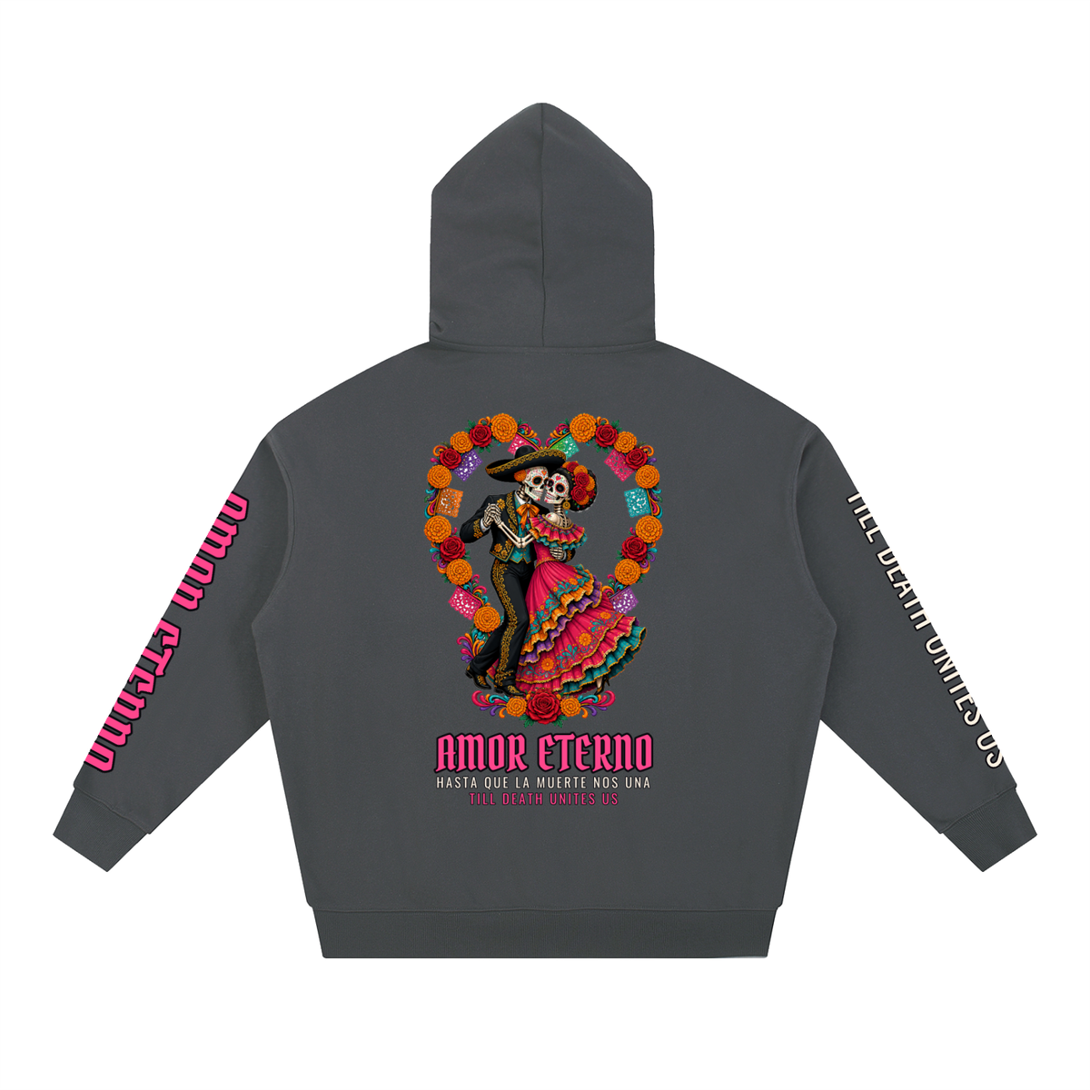 Amor Eterno Hoodie | Skeleton Couple Dancing Día de los Muertos Graphic Hoodie, Back & Sleeve Print