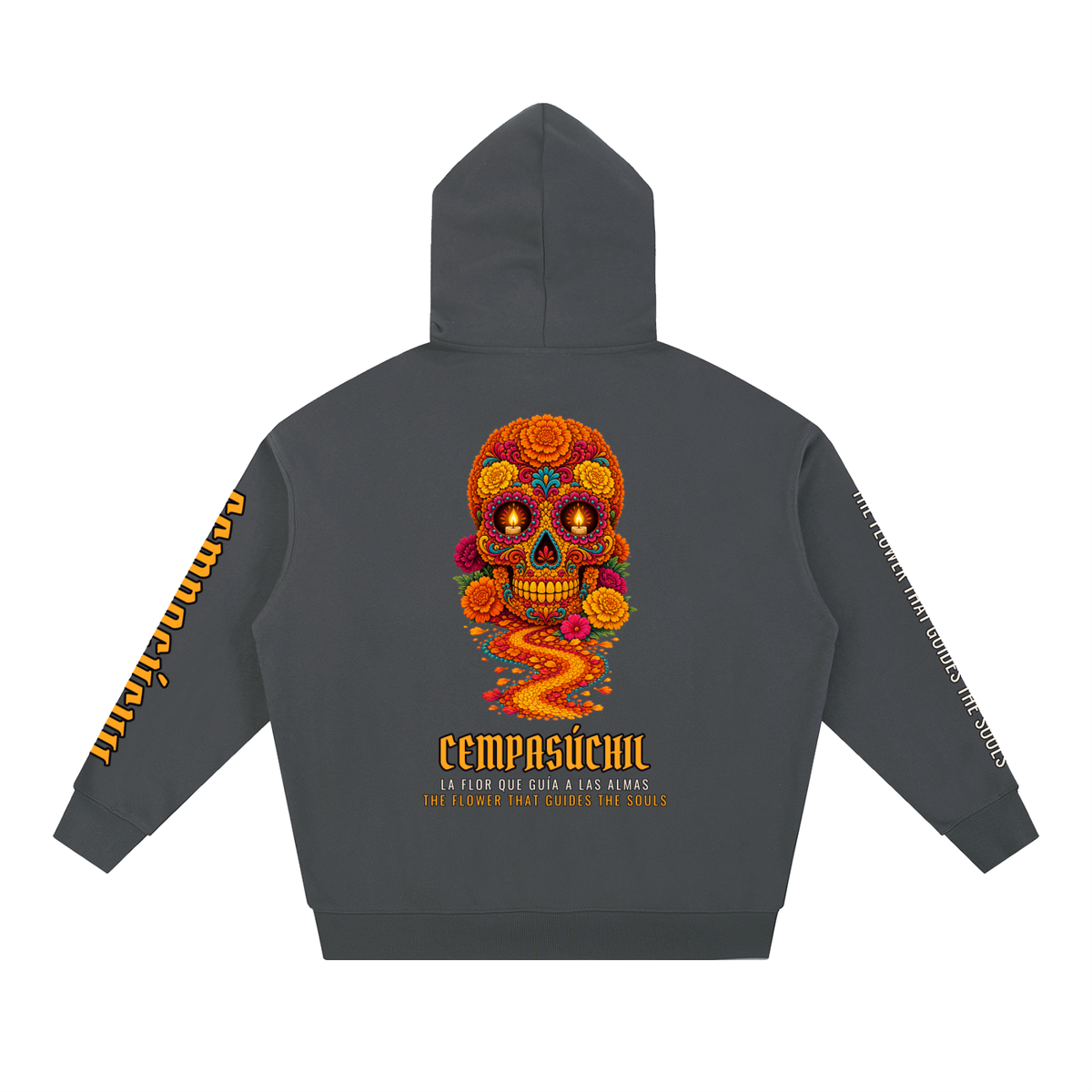 Cempasúchil Hoodie | Marigold Sugar Skull Día de los Muertos Graphic Hoodie, Back & Sleeve Print