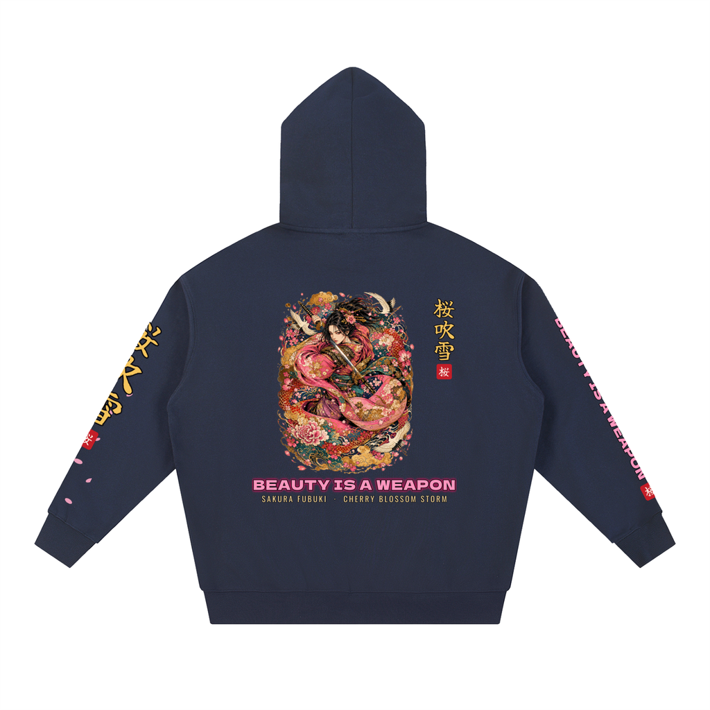 Sakura Storm Hoodie | Cherry Blossom Female Samurai Japanese Graphic Hoodie, Back & Sleeve Print
