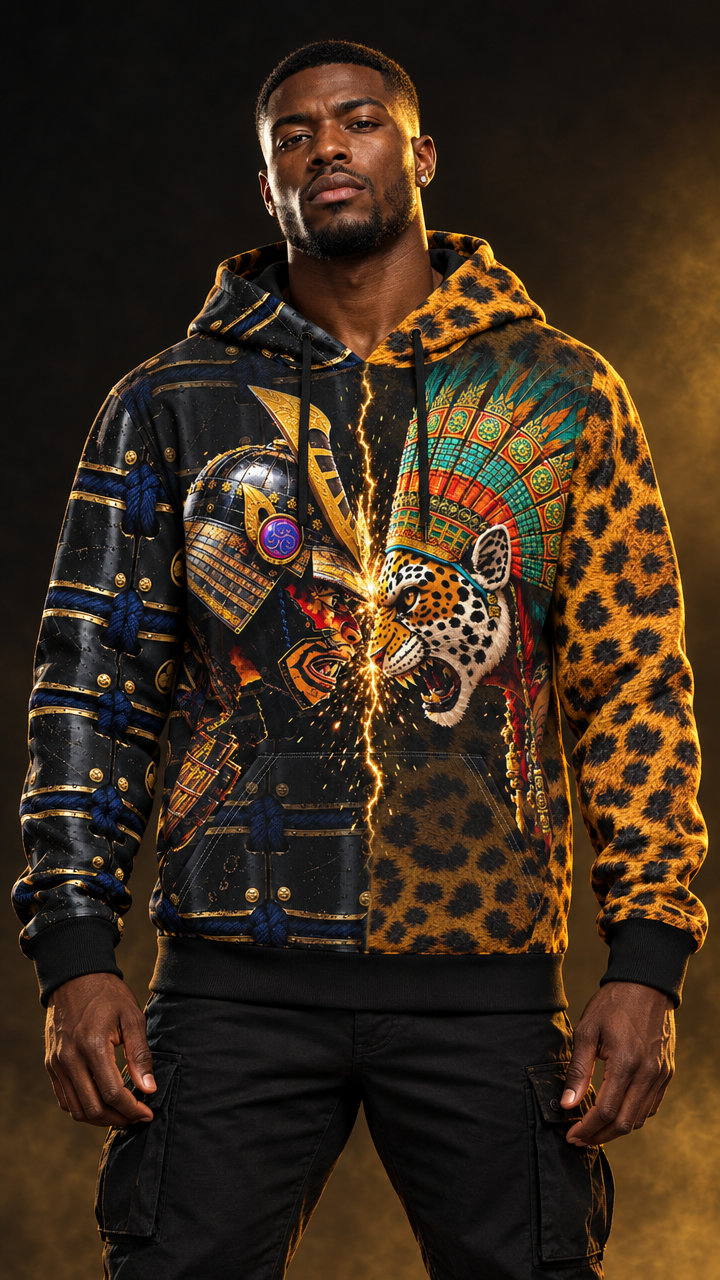 Clash of Empires All-Over Print Hoodie | Samurai vs Aztec Jaguar Warrior Premium 280GSM Hoodie
