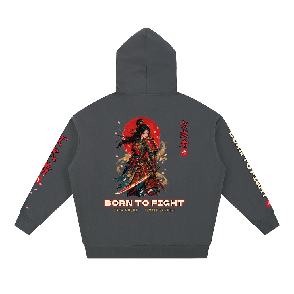 Onna-Musha Hoodie | Female Samurai Japanese Kanji Graphic Hoodie, Back & Sleeve Print